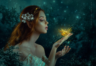 Portrait of a young red-haired woman in a vintage ash dress with open back and shoulders in the moonlight on a black background. She holds a butterfly on her arm. A princess. Fairy tale. Art photo.